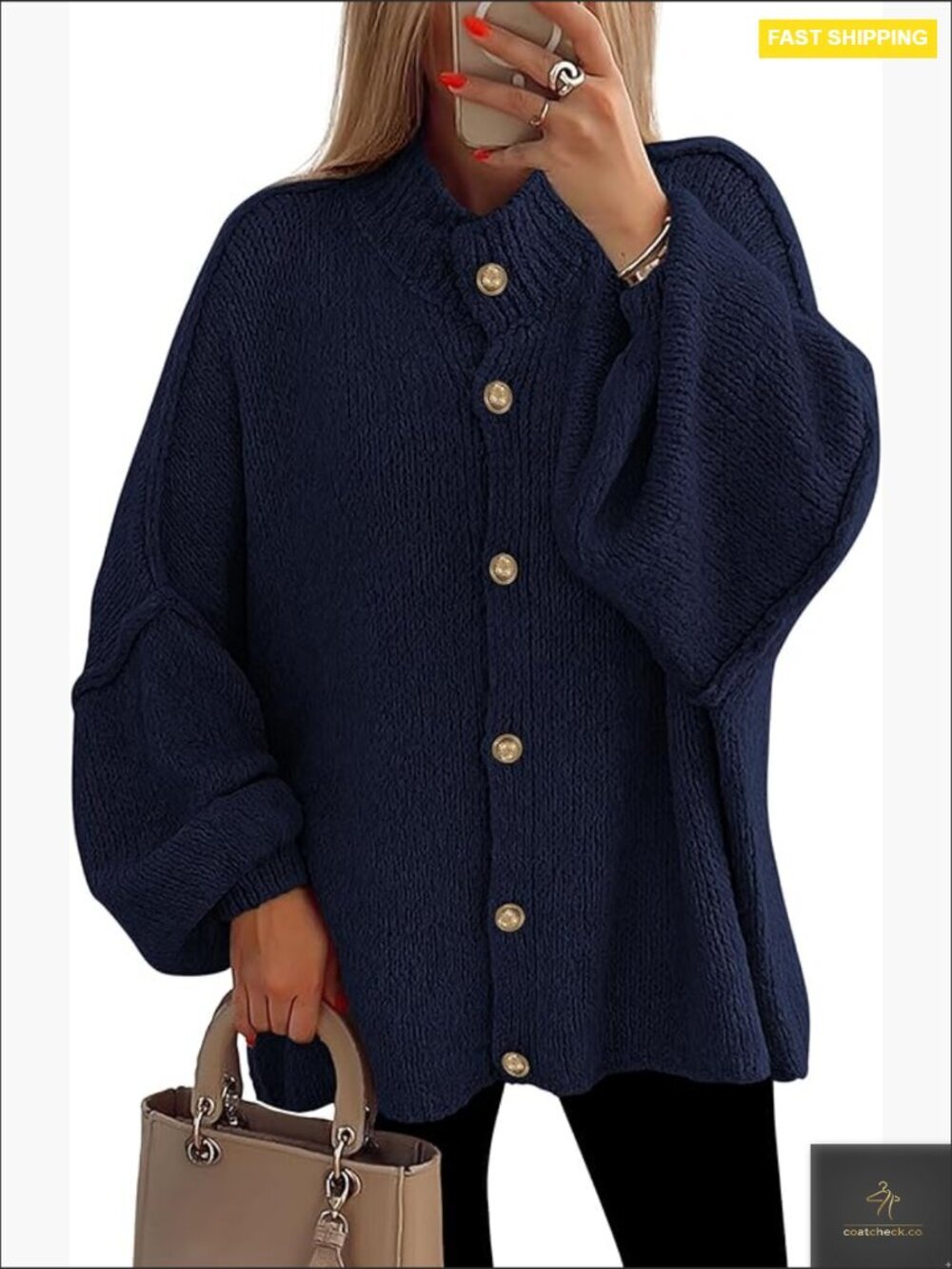 Chunky Knit Cardigan Sweater Mock Neck Lantern Sleeve Button Down Winter Jacket